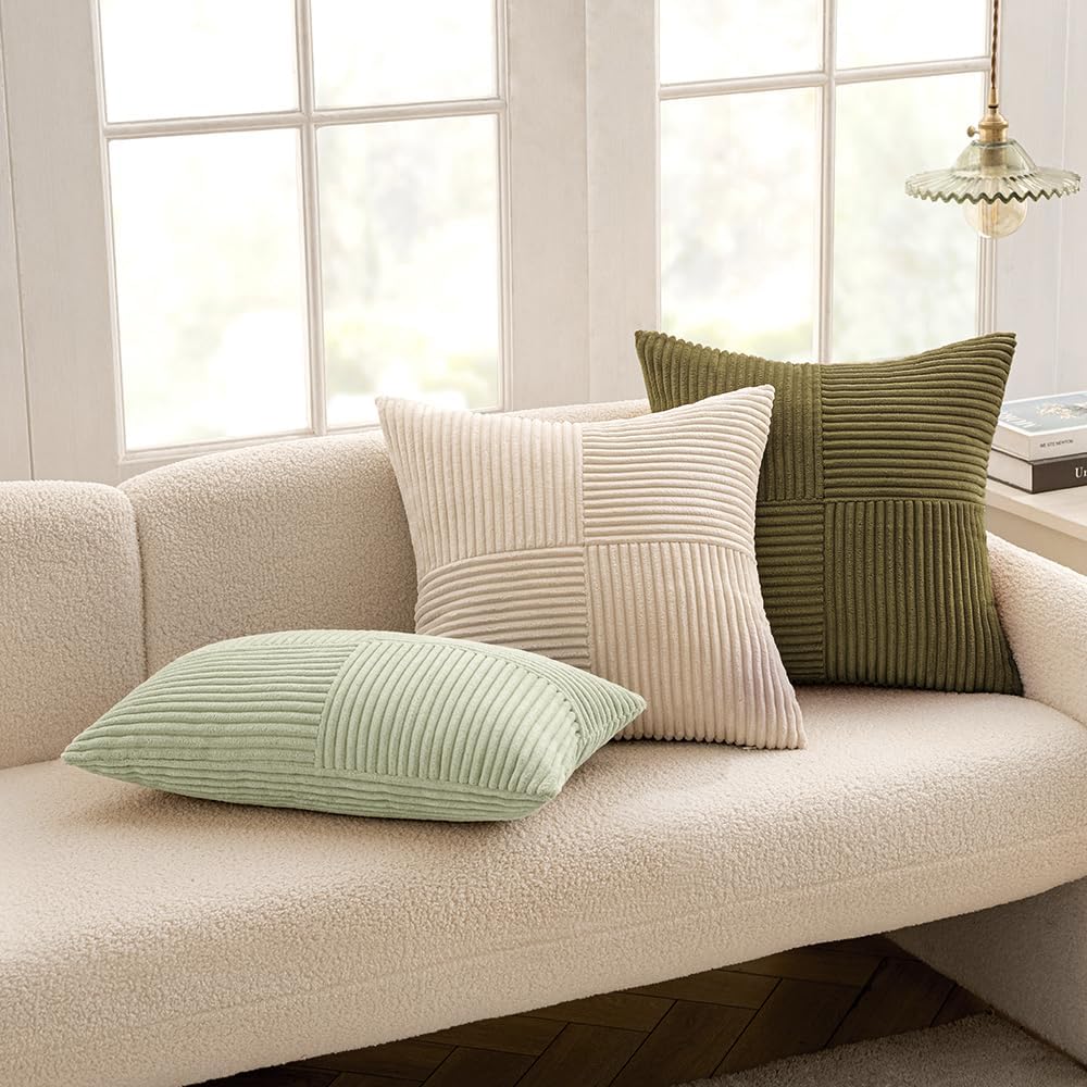 MIULEE Light Green Corduroy Pillow Covers Pack of 2 Boho Decorative Spliced Throw Pillow Covers Soft Solid Couch Pillowcases Cross Patchwork Textured Cushion Covers for Living Room Bed Sofa 20x20 inch