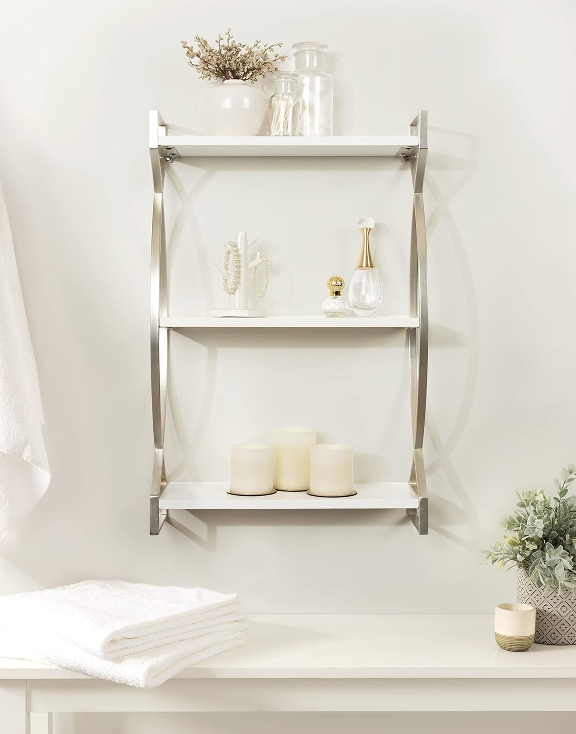 Kate and Laurel Arietta Modern Glam 3-Tier Wood and Metal Shelf; 18 x 7 x 28; White and Silver; Chic Contemporary Storage and Decor