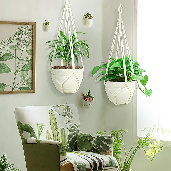 FGSAEOR Macrame Plant Basket Indoor Outdoor, Hanging 3-15 inch Pot, Bearing 20lb Planters, DIY Handmade Hanging Planter Holder, 35-Inch Extra Long Strong Boho Home Décor (2-Pack) (Ivory)