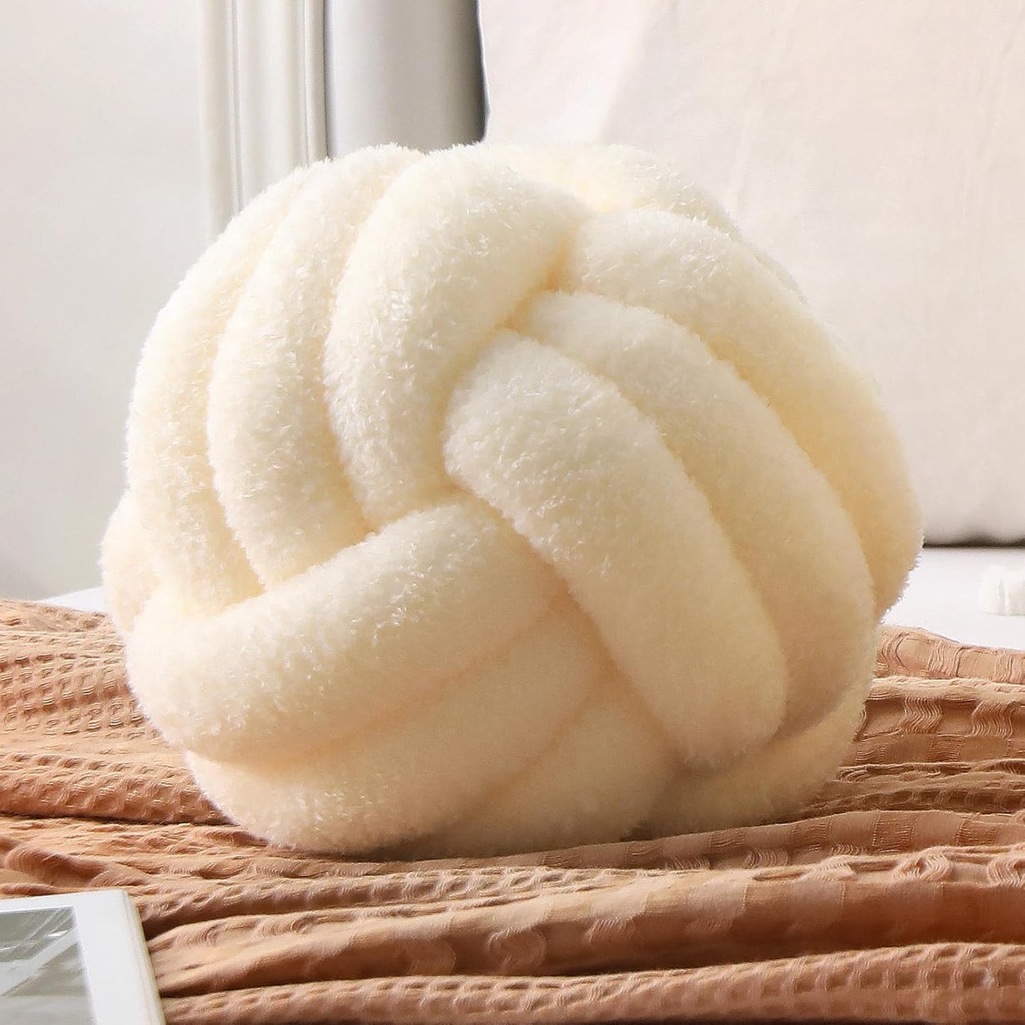 Knot Pillow Ball Plush - Decorative Throw Pillows for Bed Stress Relief, Round Knot Cushion for Sofa Decor Pet Toy, Cream 8 inch
