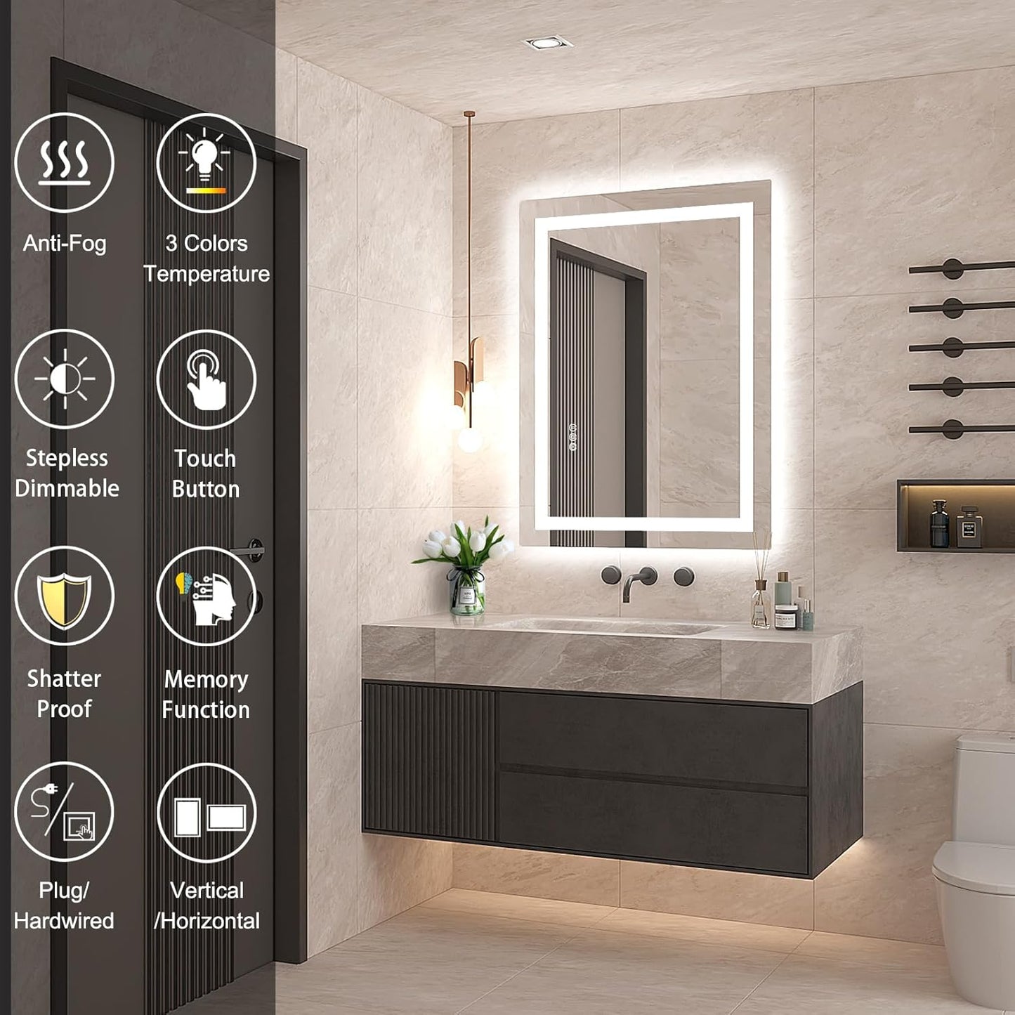 LED Mirror for Bathroom 24x32 Lighted Bathroom Vanity Mirrors with Lights, Brighter Frontlit and Backlit Anti-Fog Mirror, Tempered Glass, Dimmable 3 Colors Light Modes, Memory Function
