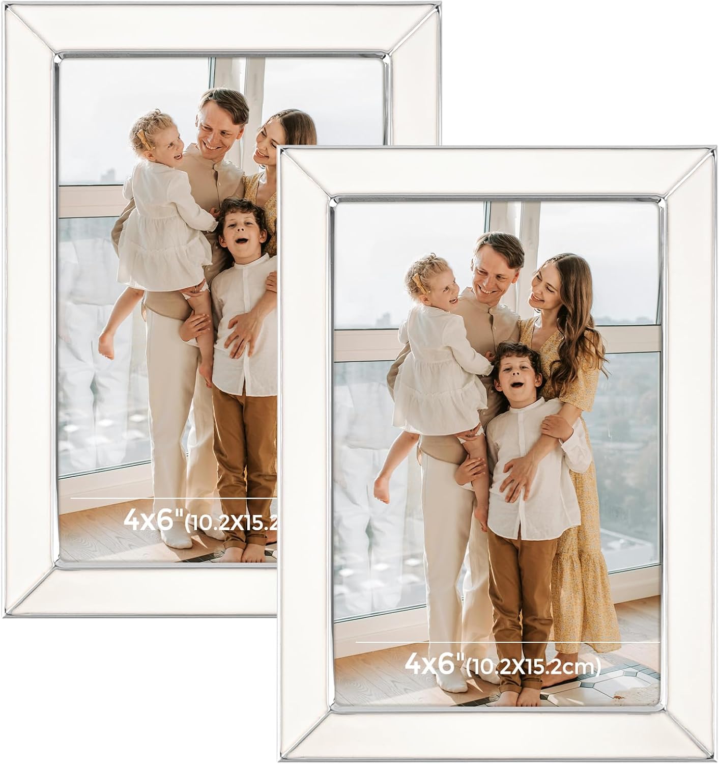 Frametory Enamel Picture Frame - 4x6 Silver Metal Edge White Enamel Picture Frame With Easel and Velvet Back for Tabletop Display, Bookshelf, 4x6 Wall Decoration, Photo Frames, Picture Display-2 Set