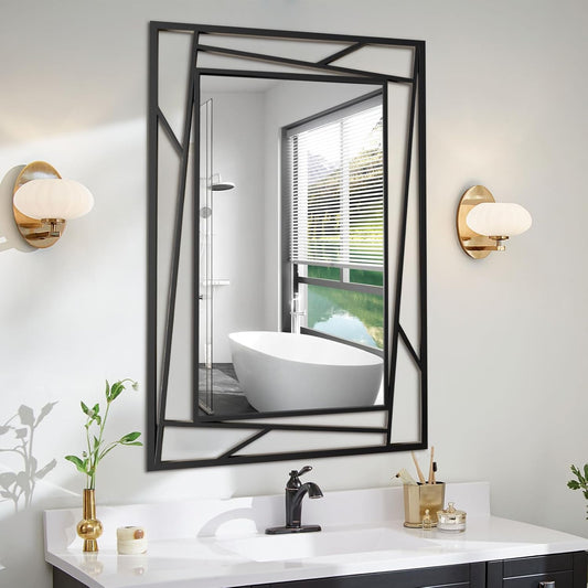 Black Bathroom Mirror, 36''X24'' Rectangle Decorative Wall Mirrors with Geometric Metal Frame for Bathroom, Living Room, Bedroom, Entrance, Expands Space, Horizontal/Vertical