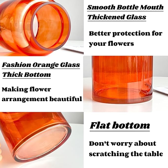BLOFLO Orange Glass Vase, 9 Inch Large Glass Vase for Flowers, Modern Thick Glass Flower Vases for Centerpieces, Decorative Glass Cylinder Hydroponic Vase for Wedding, Home, Office (Orange, 9Inch)