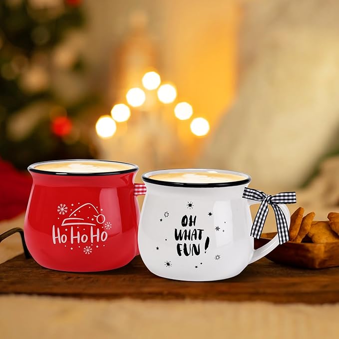 Zubebe Christmas Coffee Mugs Set of 12, 12 oz Hot Cocoa Ceramic Holiday Mugs Set for Mom, Woman, Family, Friend - Farmhouse Tiered Tray Decor, Coffee Bar Decor(Red, White)