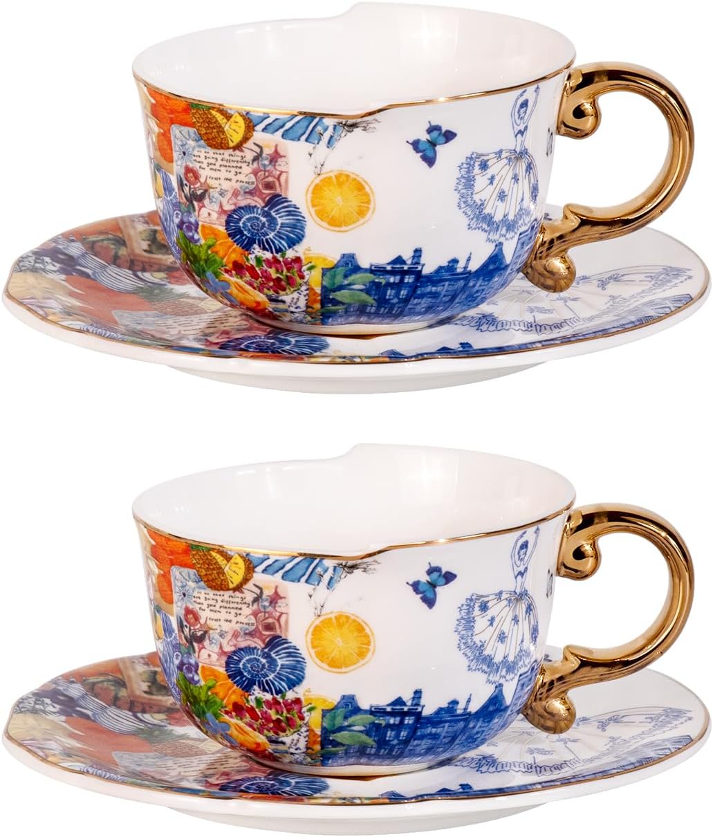 KAMMAK Tea Cups and Saucers Set of 2, Fine Bone China Coffee Cups, 8.5-Ounce Stackable Espresso Mugs, Ceramic Demitasse for Coffee, Cappuccino, Latte, Americano, Tea, Dream Ballet