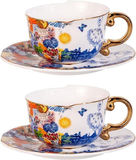 KAMMAK Tea Cups and Saucers Set of 2, Fine Bone China Coffee Cups, 8.5-Ounce Stackable Espresso Mugs, Ceramic Demitasse for Coffee, Cappuccino, Latte, Americano, Tea, Dream Ballet