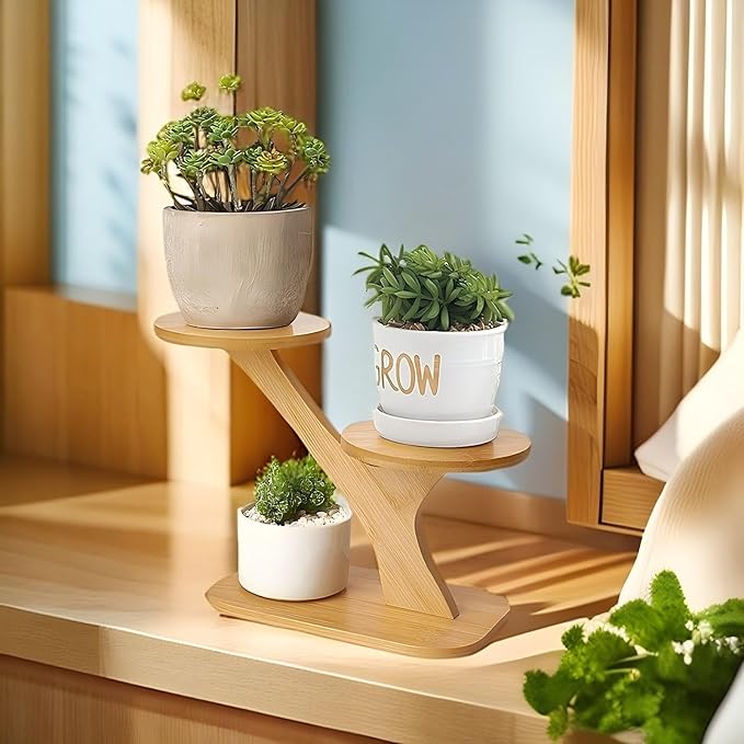 2 Tiered Desk Plant Stand Bamboo Tree Plant Shelf Tabletop Succulent Herb Stand Desktop Plant Stand Indoor Plant Rack for in Living Room Office Decoration (2 Tiered)