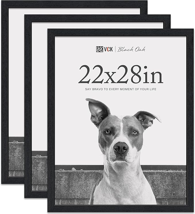 VCK 22x28 Poster Frame Black Oak - 3 Pack, Exclusive Natural Textured Solid Wood Picture Frame, Horizontal and Vertical Formats for Wall with Included Hanging Hardware