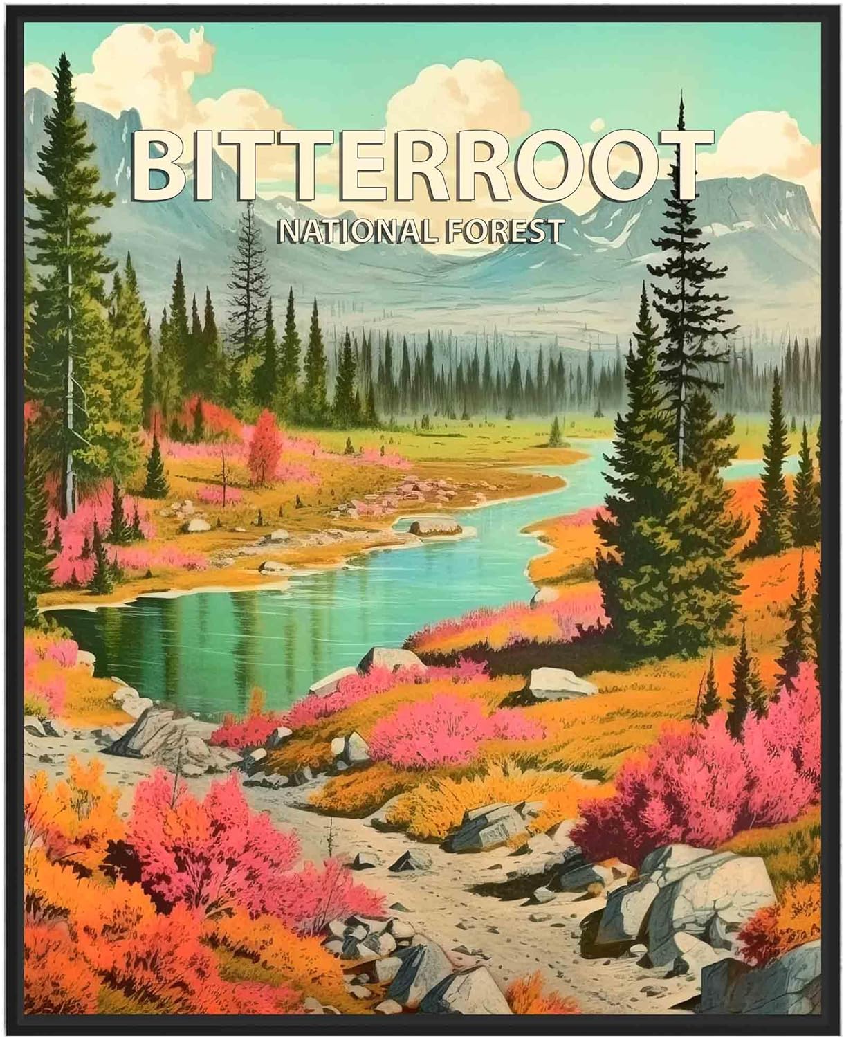 Bitterroot National Forest Poster Art Print Retro Mountain Wall Art Poster Vintage Decor Nature Recreation Wilderness Wildlife Decoration, Outdoor Adventure Scenic Beauty Artwork. (Bitterroot National