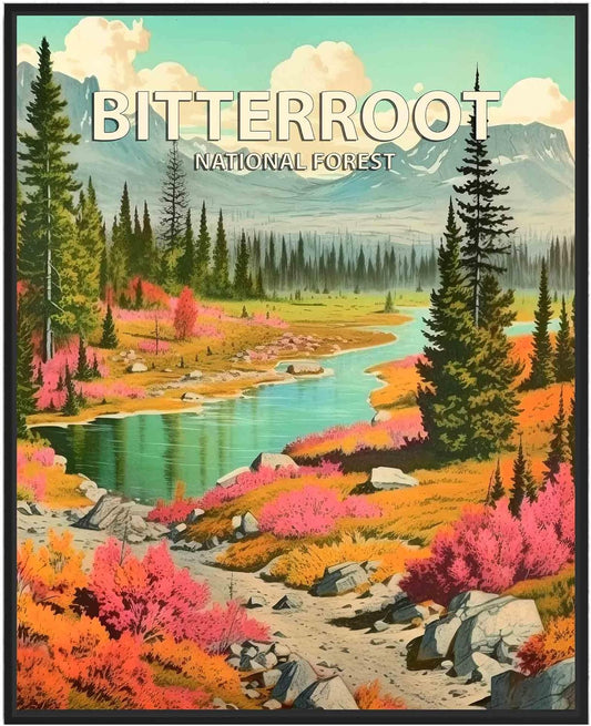 Bitterroot National Forest Poster Art Print Retro Mountain Wall Art Poster Vintage Decor Nature Recreation Wilderness Wildlife Decoration, Outdoor Adventure Scenic Beauty Artwork. (Bitterroot National