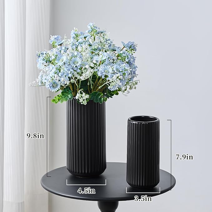 Black Ceramic Flower Vase for Pampas Grass, 8 inch Small Decorative Centerpiece Ribbed Vase for Dining Table, Office Desktop, Shelf Bookshelf, Mantel, Entryway, Bathroom, Countertop, Farmhouse, Gift