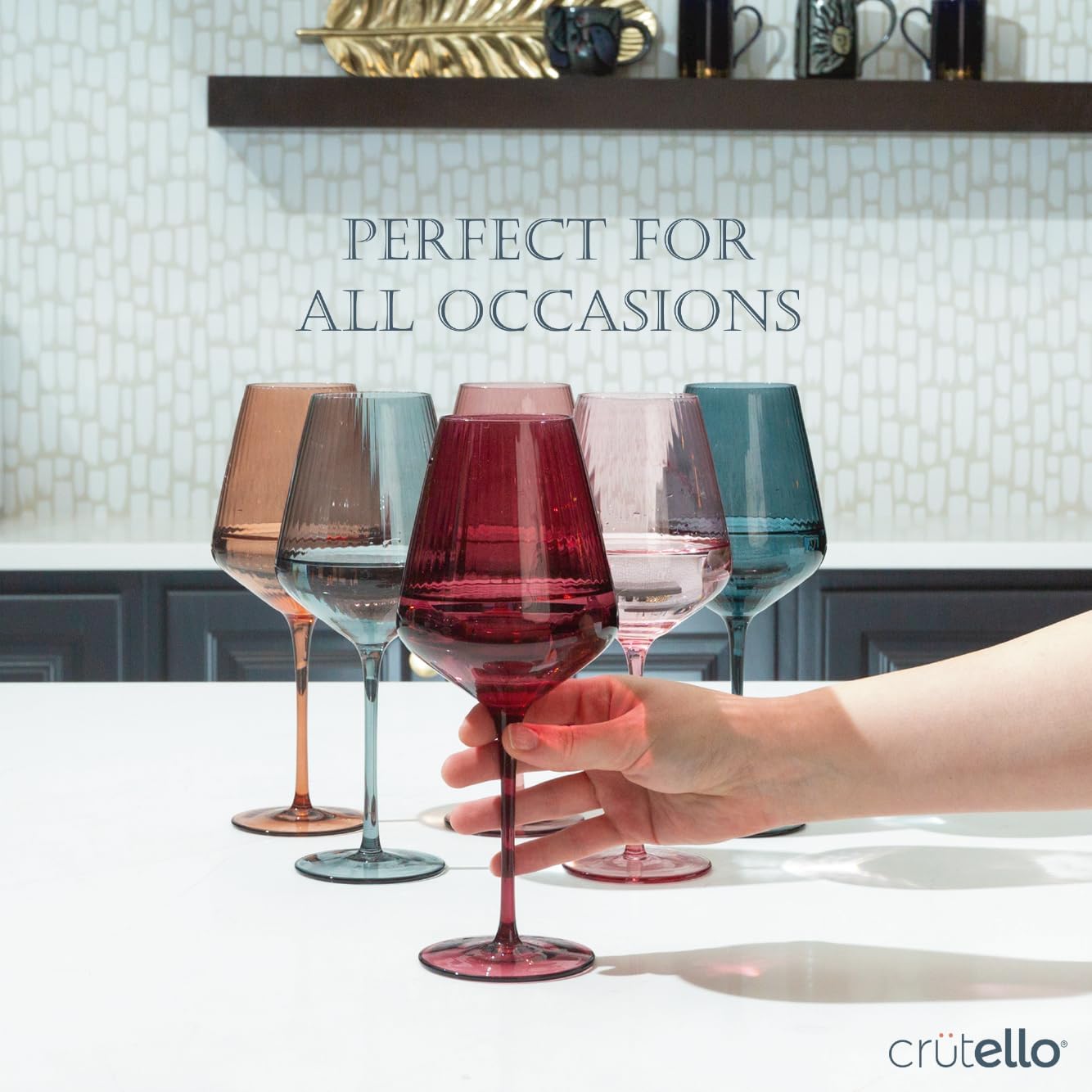 Crutello Modern Colored Wine Glasses 16 oz Glassware - Colorful Glasses Set of 6, Unique Fluted Colored Glassware with Ribbed Texture, Art Deco Red & Fancy White Wine Glass