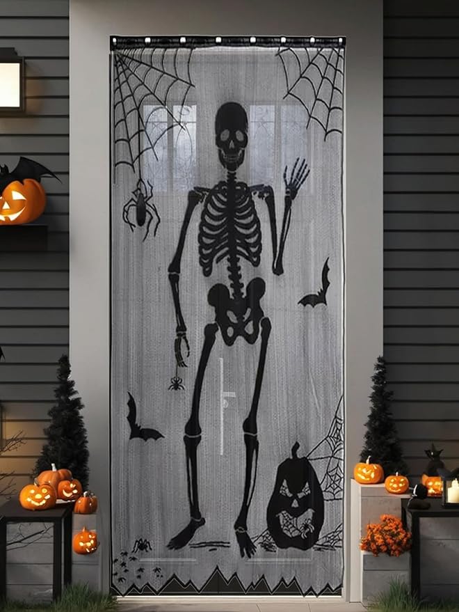 Jayla Halloween Skull Door Curtain, Black Halloween Lace Window Curtain, Ornament Bat Curtain for Halloween Party Haunted House Decoration, 102x213cm/40x84 inch