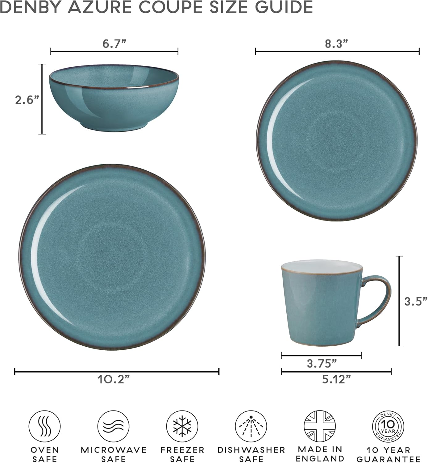 Denby - Azure Coupe Medium Plates Set of 4-8.25in Dinner, Lunch, Salad Plates For Everyday Use - Blue Ceramic Stoneware Tableware - Dishwasher & Microwave Safe - Scratch & Chip Resistant