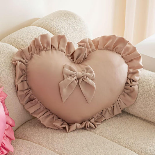 Heart Ruffled Throw Pillow,Velvet Heart Throw Pillow Bow Pillows Wedding Gifts Pillows Decorative Cushion for Sofa Bed Bay Window 20×16 inch,Champagne