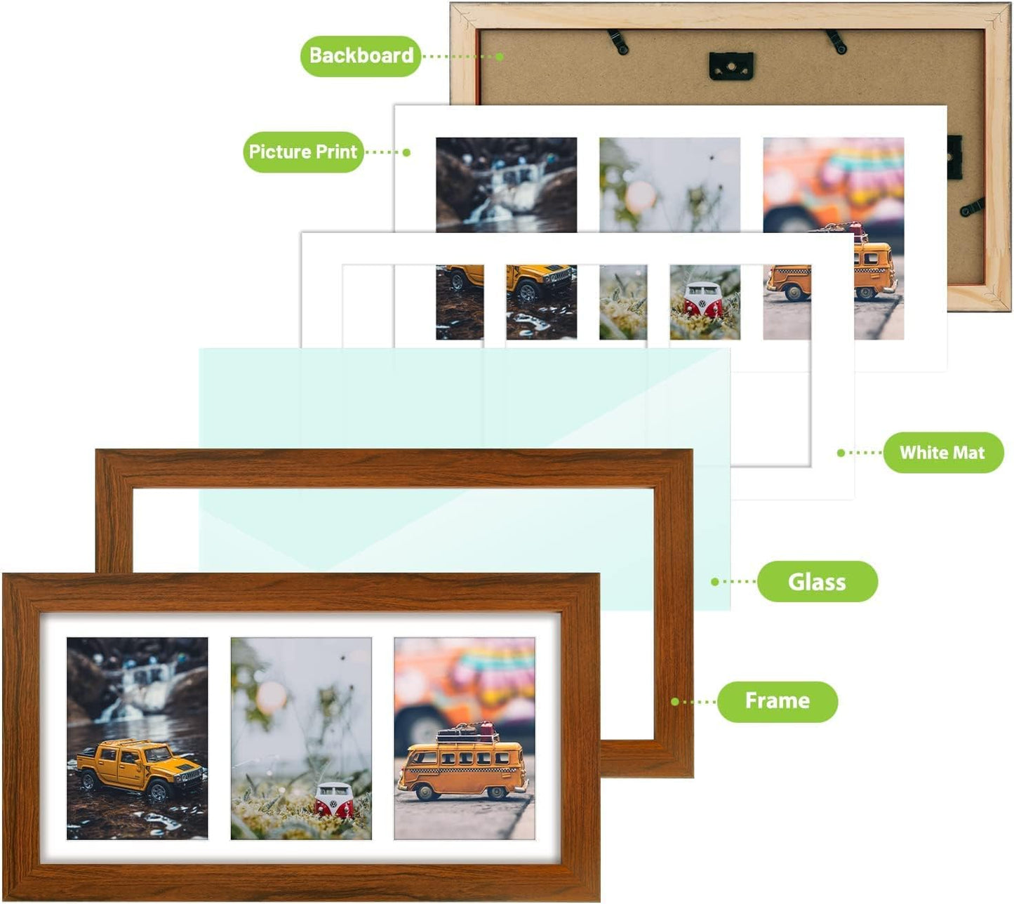 Golden State Art, Set of 2, 7x14 Brown Photo Solid Wood Collage Frame with Mat Displays (3) 4 x6 Pictures