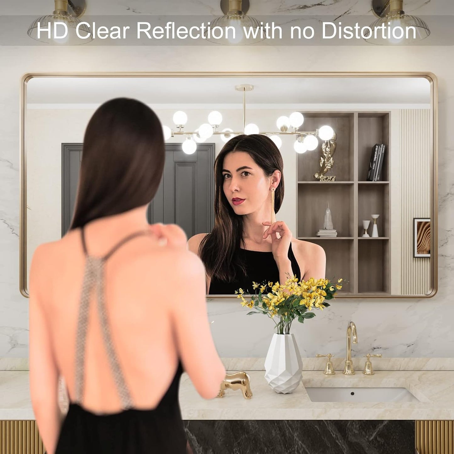 LOAAO 50”X30” Gold Bathroom Mirror, Rounded Rectangle Gold Frame Mirror, Brushed Gold Bathroom Vanity Mirror Wall-Mounted, Anti-Rust, Tempered Glass, Hangs Horizontally or Vertically