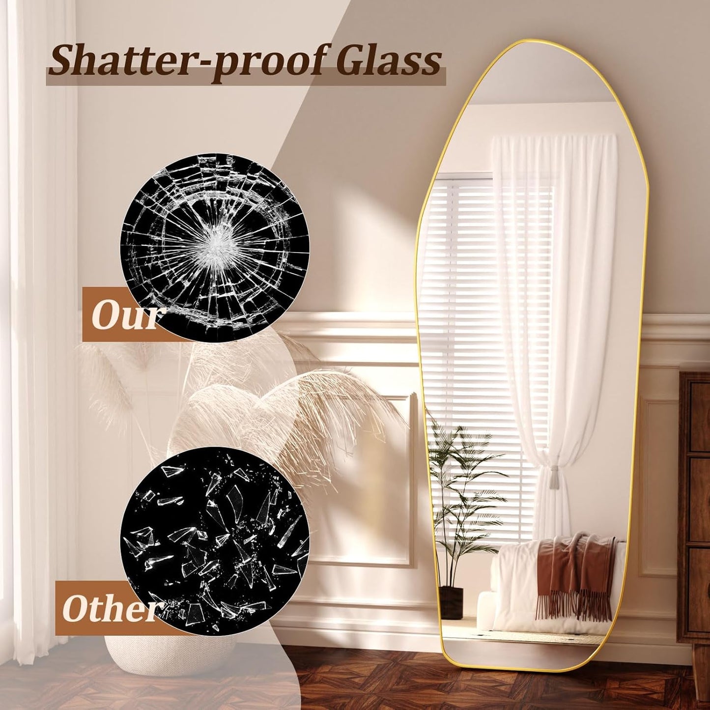 Full Length Floor Mirror - 67"x24" Aluminum Frame Irregular Diamond Shaped Standing Leaning Hanging for Bedroom Living Room Cloakroom Decor Large Mirror Gold