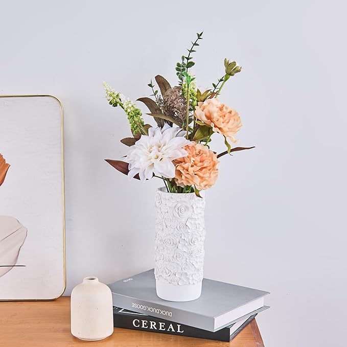 White Rose Hand-Carved Resin Vase – 8 Inch Decorative Cylinder Vase for Pampas Grass, Centerpiece, Home Decor | Elegant Entryway, Countertop & Nightstand Accent | Unique Housewarming Gift
