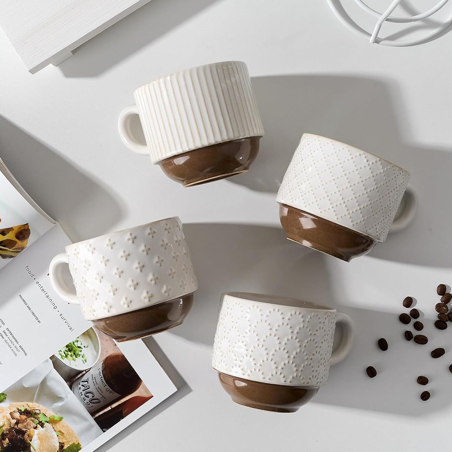 Large Ceramic Coffee Mug Set of 4 with Stand, 15 Oz Stackable Different Embossment Ribbed Latte Cup Set for Cappuccino, Tea, Hot Cocoa, Drinks - Dishwasher & Microwave Safe, Off White