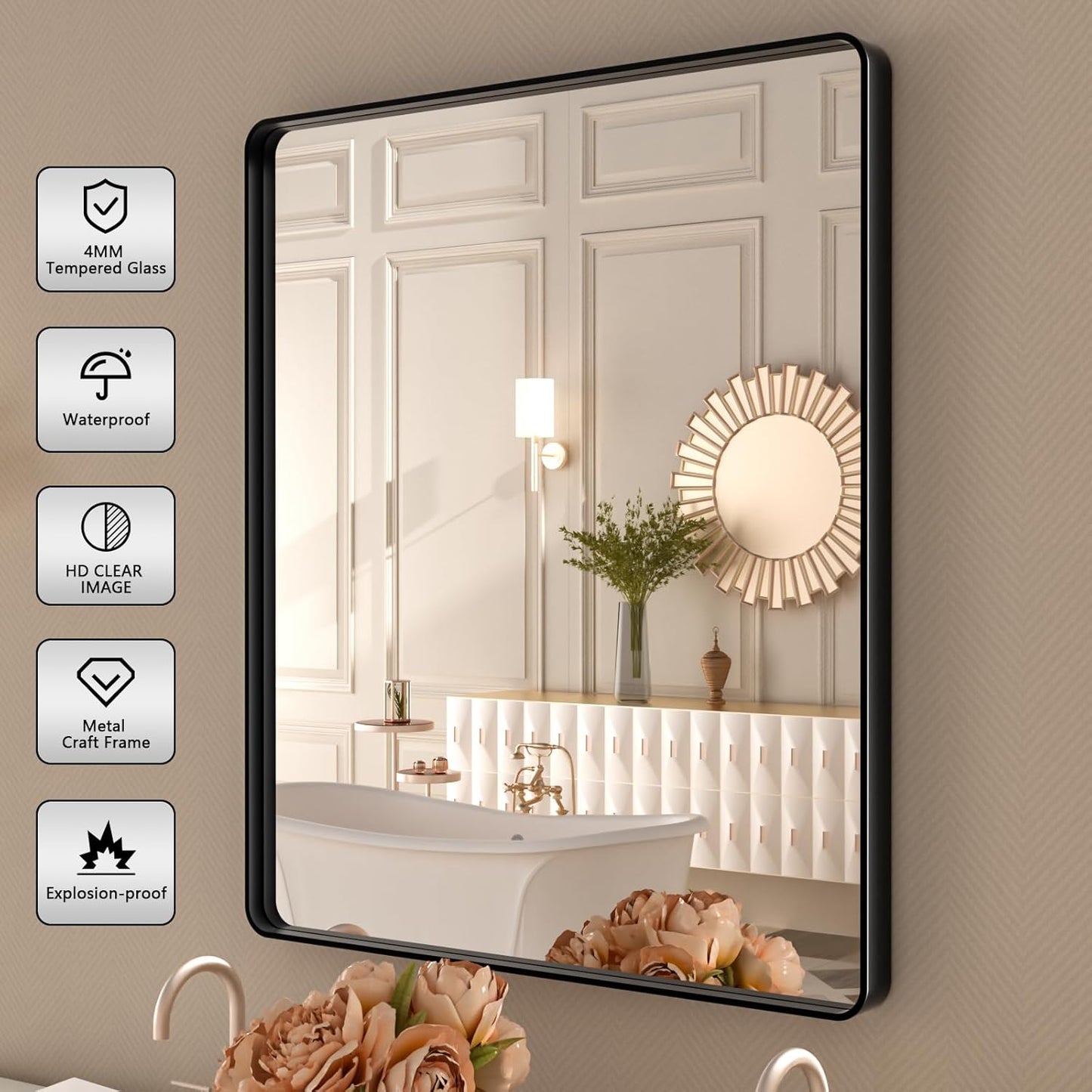 Black Metal Framed Bathroom Mirror for Wall,28X32 Inch Rounded Rectangle Mirror,Matte Black Bathroom Vanity Mirror Farmhouse,Anti-Rust,Tempered Glass,Hangs Horizontally or Vertically