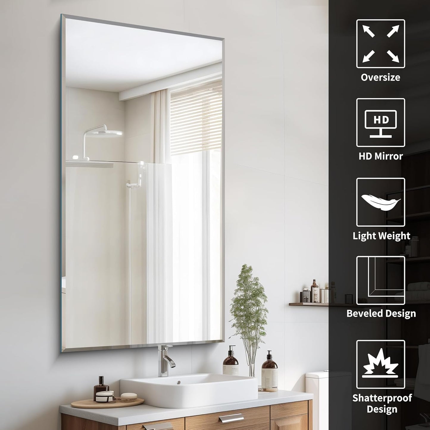 Beveled Bathroom Mirror, 30x60 Large Frameless Mirrors for Over Sink, Upgraded Shatterproof Beveled Frameless Vanity Mirror for Bathroom,Bedroom,Living Room and Entryway