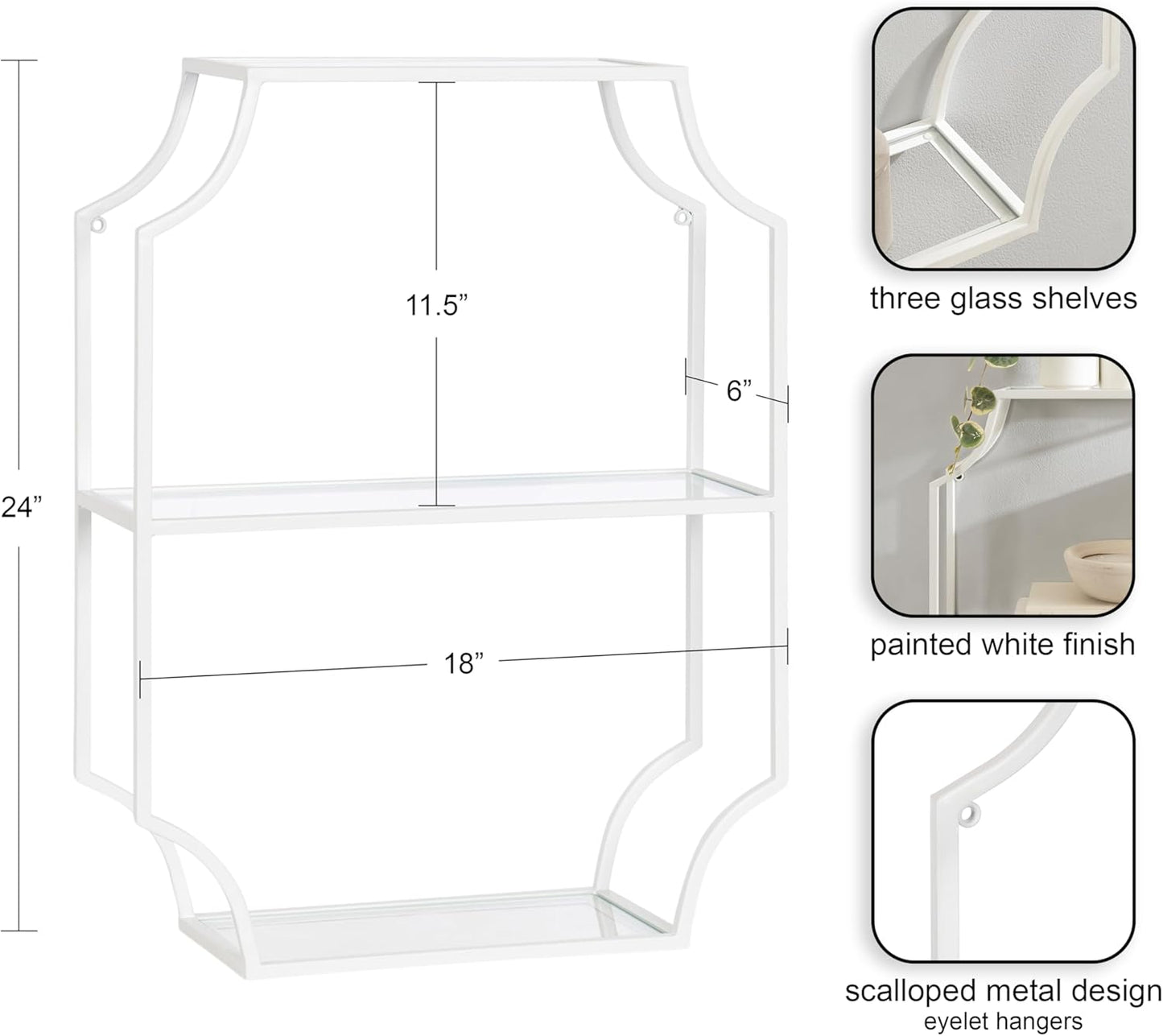 Kate and Laurel Ciel Glam Geometric Wall Shelf; 18 x 24; White; Decorative Shelves for Use as Over-The Toilet Storage or Bedroom Display Shelving