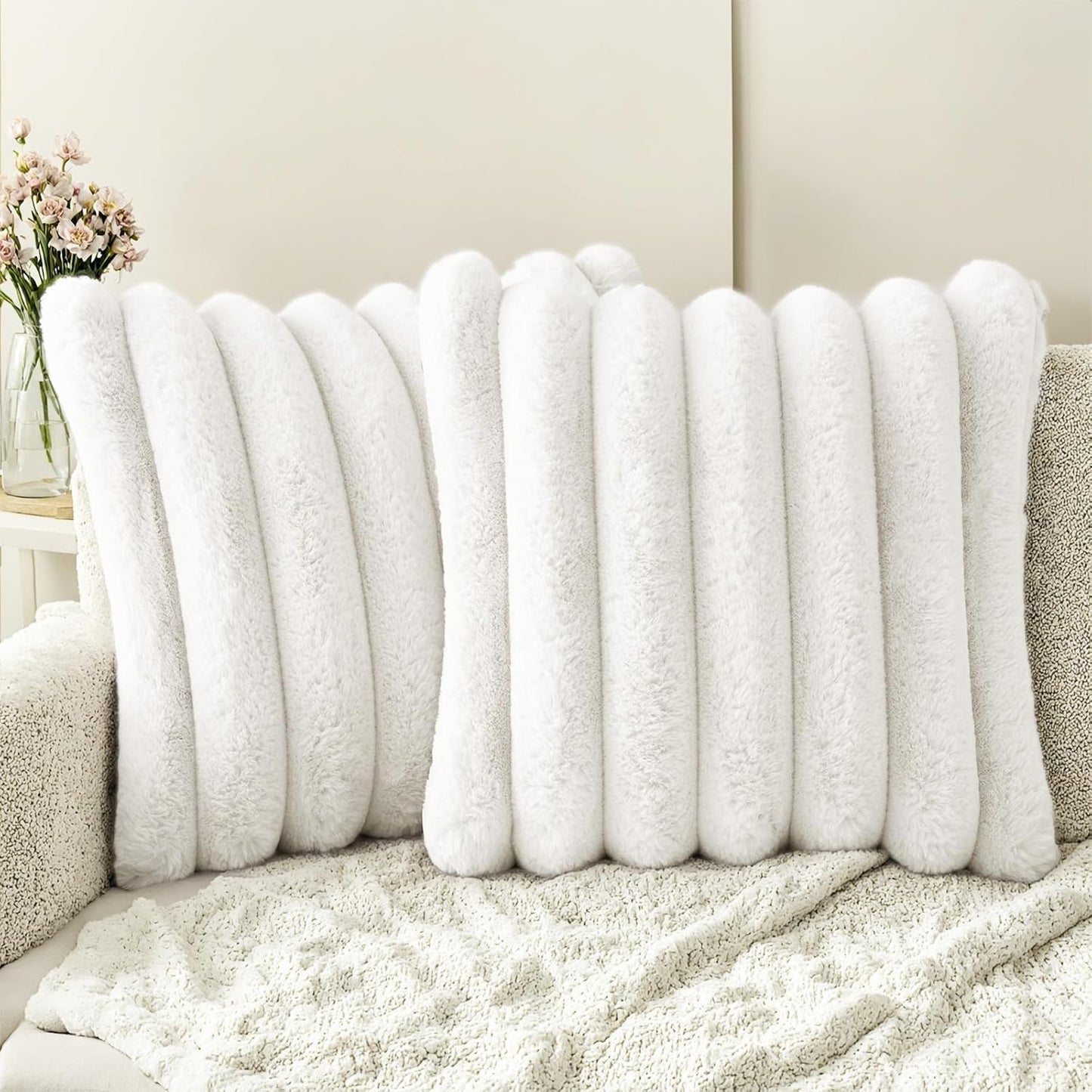 HAUSSY Faux Fur Throw Pillow Covers 24x24 Inch Set of 2,Decorative Striped Neutral Pillow Cases Soft Plush Couch Pillow Covers,Home Decor for Sofa,Bed, Living Room,Cream White