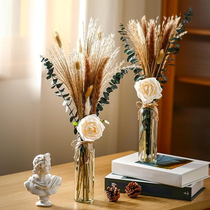 10 Set Dried Pampas Grass Centerpiece for Wedding 10 Clear Glass Jars 10 Artificial Roses 80 Dried Pampas Grass with Rope for Baby Shower Rustic Bridal Party Farmhouse Decoration (White)