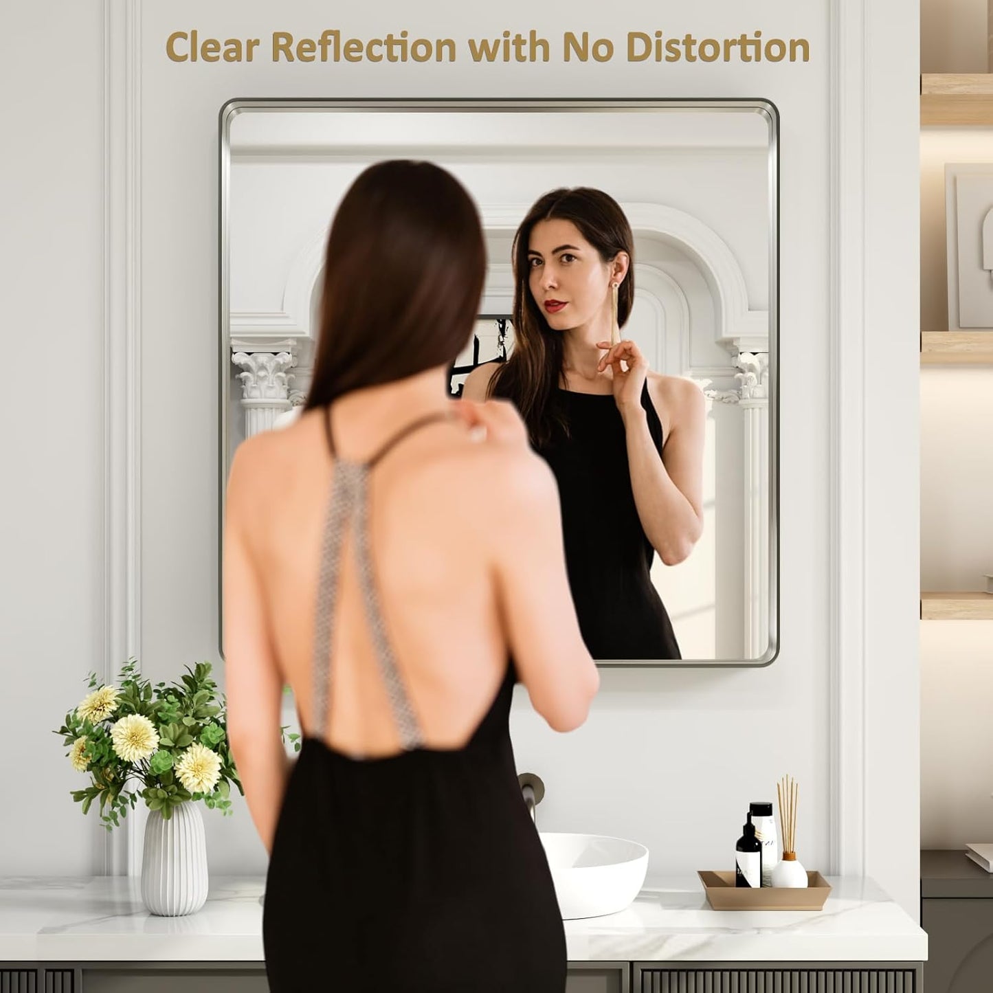 LOAAO 38X38 Inch Brushed Nickel Bathroom Mirror, Rounded Rectangle Silver Metal Frame Mirror, Brushed Nickel, Anti-Rust, Shatter Proof, Hangs Horizontally or Vertically