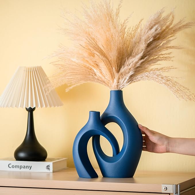 Snuggle Hollow Ceramic Vase Set of 2, 11Inch Nordic Modern Boho ins Style Decorative Ceramic Aesthetic Flower Vases for Home Decor Living Room Shelf Table Decorative (Matte Navy Blue)