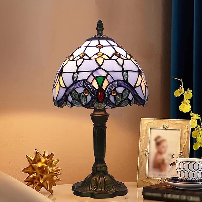 Tiffany Style Table Lamp 8'', Purple Tiffany Table Lamp for Bedroom Study Office Home Stained Glass Lamp