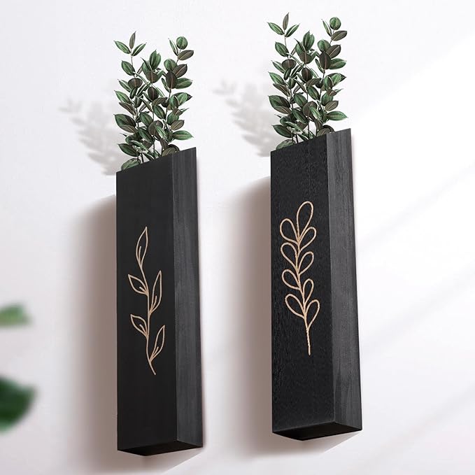 Wood Wall Planter, Farmhouse 4 Pack Indoor Pocket Wall Vases Decor for Living Room Bedroom Dried Flowers Faux Greenery Plants (Black)
