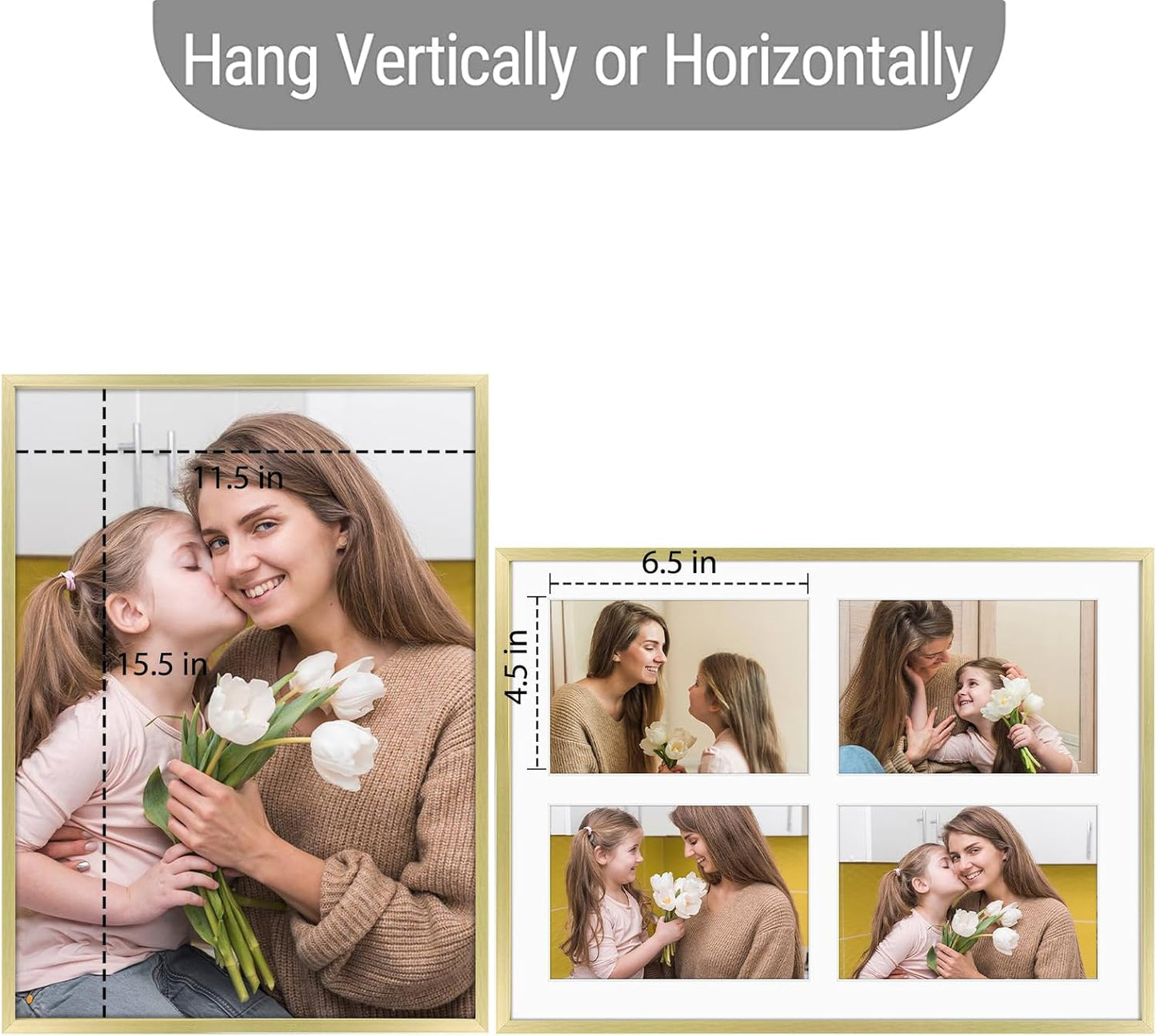 Frametory - 12x16 Aluminum Collage Picture Frame - Display 5x7 Pictures with 4 Openings Mat - Real Glass Front - Horizontal/Vertical Wall Mount - Gold 1 Pack