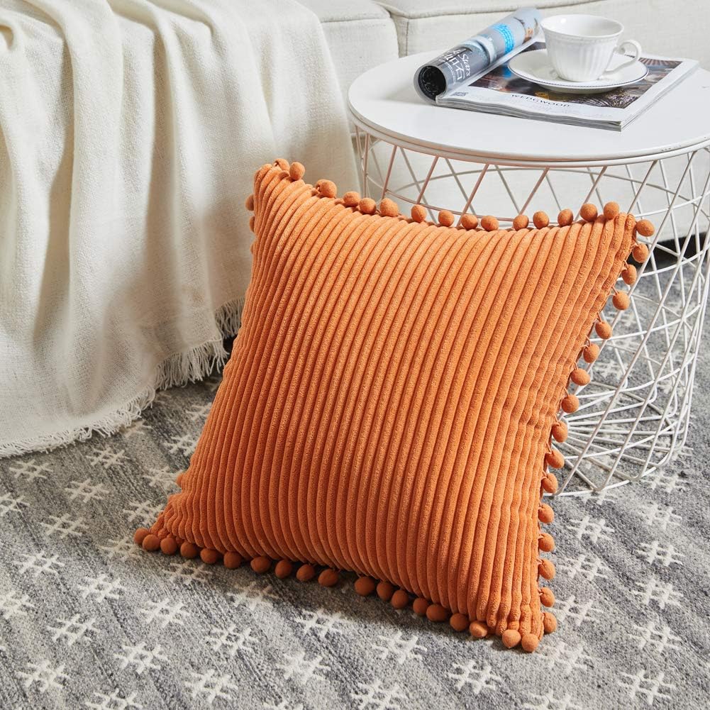 Fancy Homi Set of 2 Orange Decorative Throw Pillow Covers 12x12 Inch with Pom-poms for Couch Bed Sofa, Modern Farmhouse Boho Home Decor, Soft Plush Corduroy Cute Cushion Case 30x30 cm