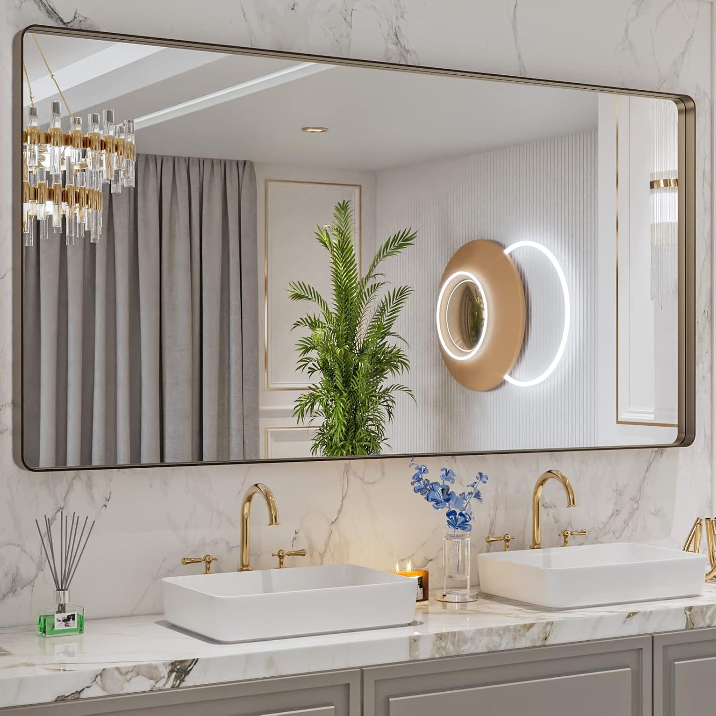 LOAAO 72”X36” Bronze Bathroom Mirrors for Vanity, Rounded Rectangle Brushed Bronze Metal Frame Mirror, Anti-Rust, Tempered Glass, Hangs Horizontally or Vertically