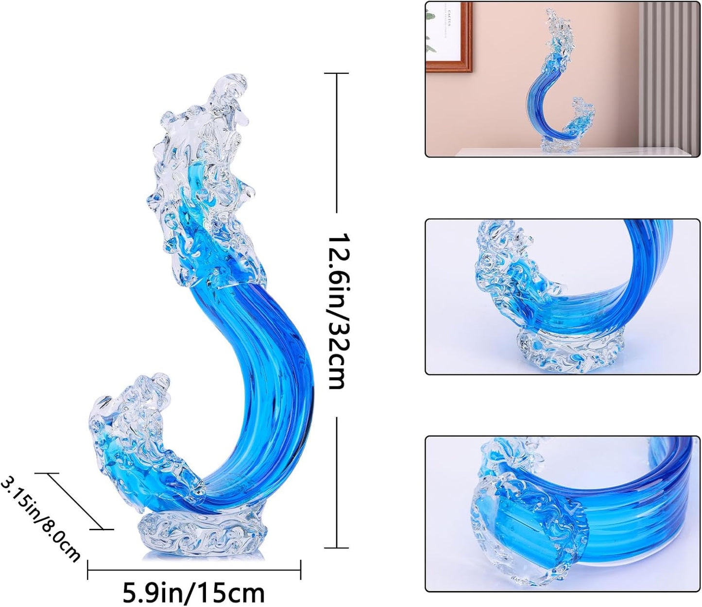 LCCCK Blue Glass Beach House Decor, Hand Blown Ocean Wave Decorate, Tall Blue Glass Sculpture Home Decor, Ocean Wave Fused Art Figurines, for Sea Art Beach Coastal Nautical Office Surfers Gifts