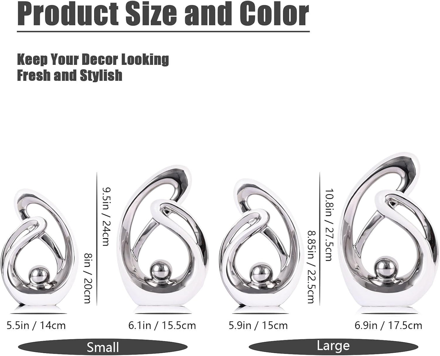 Home Decor Accent,Porcelain Art Mid Century Bookshelf Decorations,Gold Centerpieces for Tables,Abstract Ceramic Statue Sculpture for Coffee Table Mantel Tv Stand Centerpieces (White Silver, Small)