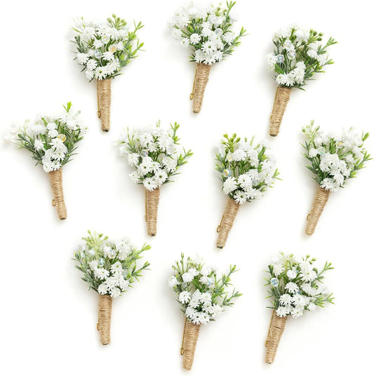 Ling's Moment Boutonniere for Men, 10pcs Groomsmen Guest Boutonniere, Artificial Flowers for Wedding Décor/Prom/Homecoming,etc.Baby Breath White