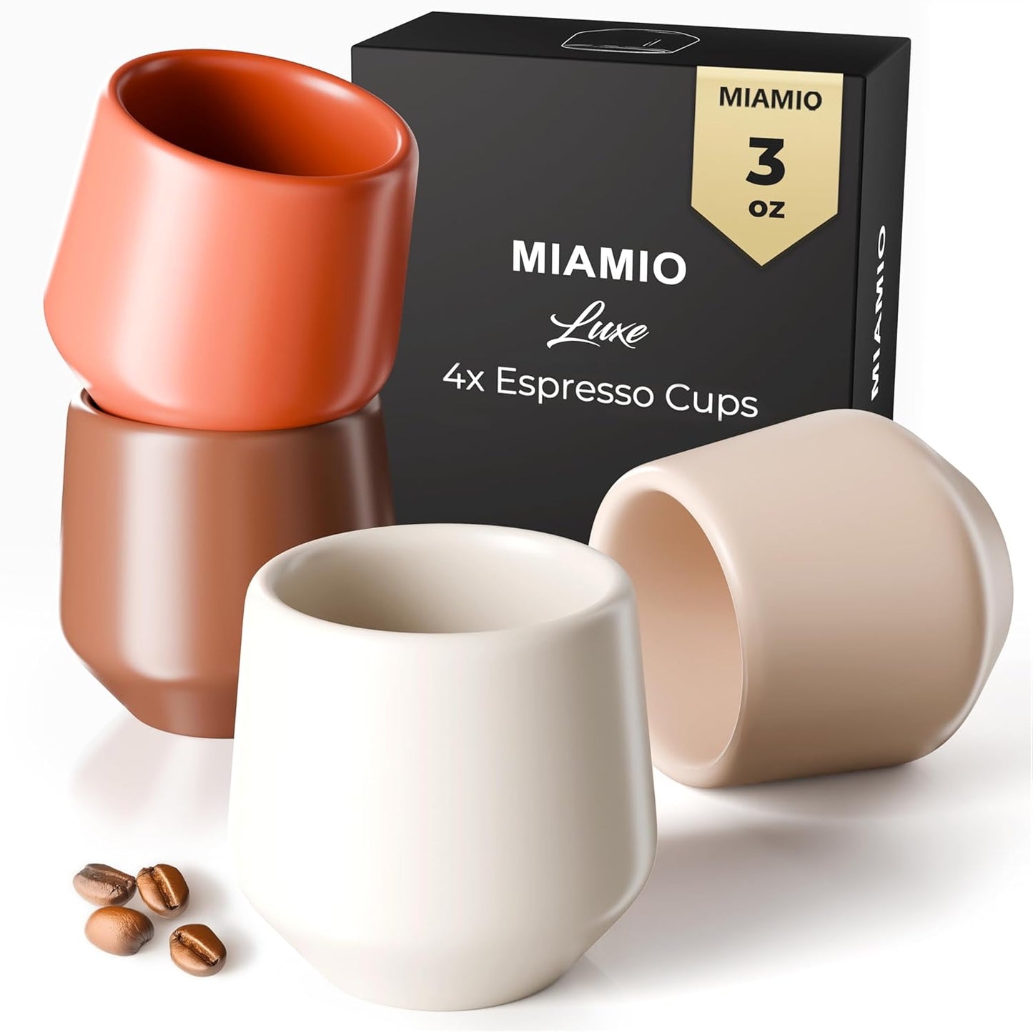 MIAMIO - Espresso Cups Set of 4 (3 oz) / Espresso Cup, Ceramic Espresso Cups, Handleless Mug, Japanese Tea Cups - Luxe Collection (Beige Pastel)