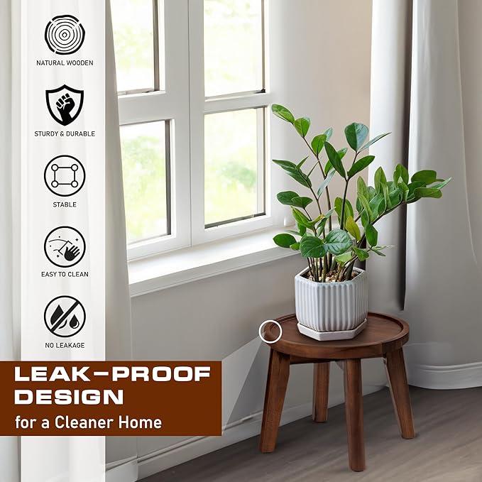 Demigo Indoor Plant Stand, Acacia Wooden Decorative Plant Shelf with Spill-Proof Tray, Stable 8” Tall Flower Holder for Heavy Pots, Gardening Display for Decor Living Room Patio - Dark Brown