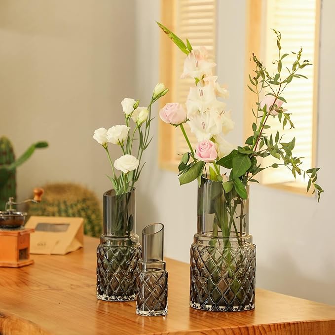 G Hand Blown Grey Glass Vases Set 3 Peiece for Large Medium Small for Modern Home Decor, Decorative Vase, Bedroom, Office, Living Room, Bathroom,Shelf Decor, Centerpiece Table Decorations