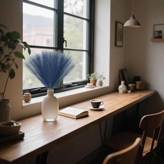 30 Pcs Royal Blue Faux Pampas Grass, 17 Inches Artificial Pampas Grass Bulk, Short Fluffy Faux Pompas for Vase Filler, Home Boho, Wedding Anniversaries, Baby Shower Decoration