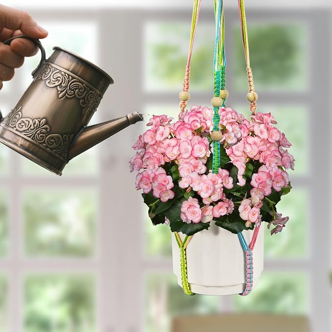 Macrame Plant Hanger, Hanging Planter Basket with Wood Beads, Decorative Boho Flower Pot Holder for Indoor and Outdoor, Rainbow, 35 Inch Set of 2 (POTS NOT Included)