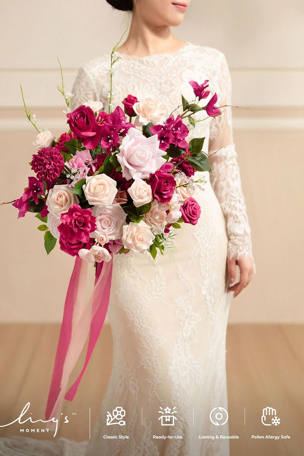 Ling's moment Blush Pink Wedding Bouquets for Bride, Dusty Rose Bridal Bouquets for Bride, 13 Inch Free Form Artificial Wedding Flower Bouquet