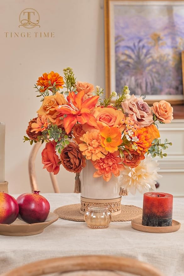 TINGE TIME Fake Flowers Artificial Flowers Peonies Bulbous Chrysanthemum Daisy Hydrangea Sunflower Violets Dahlia Daffodils Epiphyllum Orchid Cherry Blossom Camellia Leyaron (Burnt Orange)