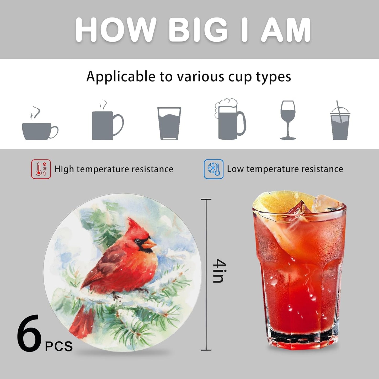 Coasters for Drinks Absorbent with Holder,Bird Cardinal Sets of 6 Durable Cup Coaster for Coffee Table Protection,Great Housewarming Birthday Gifts,Home Decor