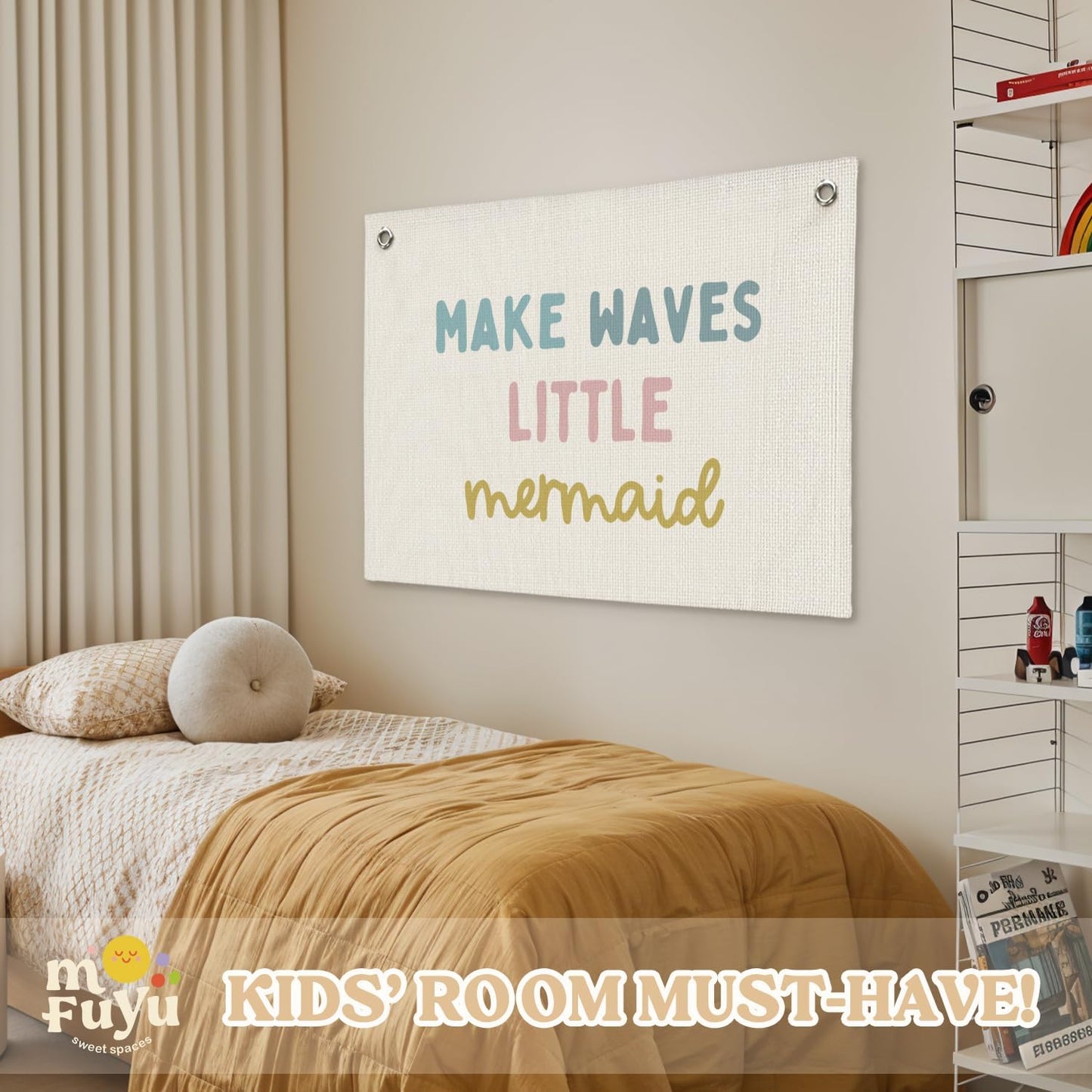 Mermaid Girls Room Decor, Ocean Room Decor Kids Wall Banner, Make Waves Little Mermaid Wall Hanging Banner Decor for Baby Nursery Little Girls Playroom Bedroom Bathroom 20x30