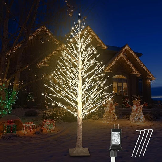 5FT Lighted Birch Tree with Twinkle Lights, 560 LED Warm White Lights with Timer, LED Lighted Christmas Tree for Indoor Outdoor Home Room Wedding Party Christmas Decorations